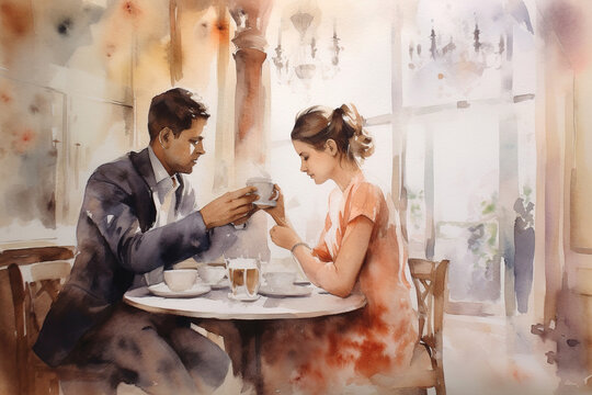 SeBeautiful couple at the caffe. Beautiful painting generated by Ai