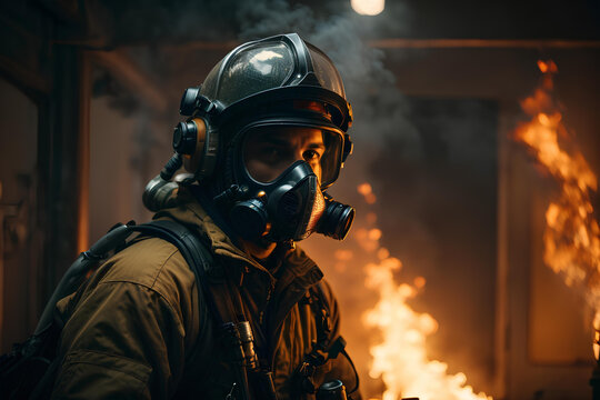 A firefighter at work, in uniform, wearing a helmet and an oxygen mask.