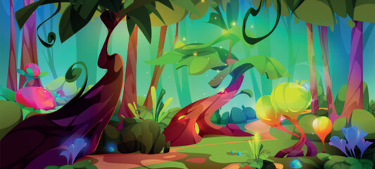 Mysterious forest landscape with fantastic plants glowing in night darkness. Vector cartoon illustration of magic tree, mushrooms and flowers growing on glade. Nature on alien planet. Game background