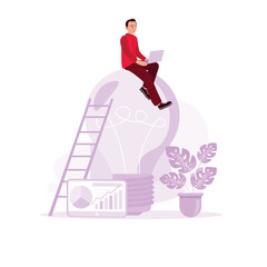 A developer with a laptop sits over an electric lamp. New idea concept. Creativity and analysis, brain activity. Trend Modern vector flat illustration