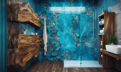 blaues modernes Badezimmer mit Dusche aus Naturmaterialien