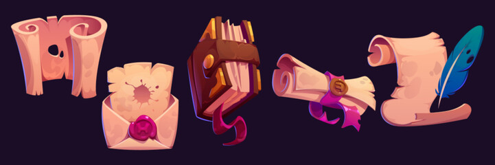 Magic scroll, book and letter cartoon game asset. Vector illustration set of ancient paper artifacts. Collection of antique medieval parchment manuscripts with cover, writing feather and stamp.