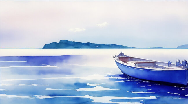 Banana boat on the lake watercolor oil pnting wallpaper background by Generative AI