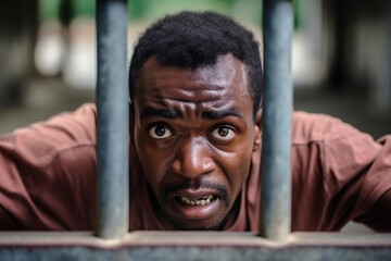 African American man stands behind prison cell bars and looks at camera. Prisoner serves imprisonment term in jail. Criminal in correctional facility or detention center. portrait.