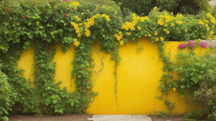 Mexican colonial yellow divider foundation with vine plant by Generative AI