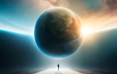 The silhouette goes to the planet 