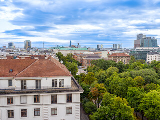 View of summer Vienna from the rooftops. Panorama of the central districts of the Austrian capital on a summer morning.