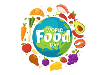 World Food Day Vector Illustration on 16 October with Various Foods, Fruit and Vegetable in Flat Cartoon Hand Drawn Background Templates