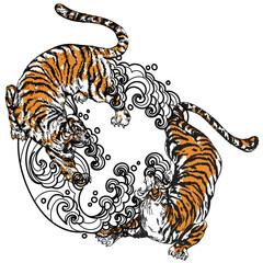Tattoo art tigers are fighting hand drawing and sketch