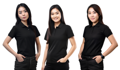 asian Woman wearing black polo shirt. blank polo shirt for design mock up isolated on transparent background.