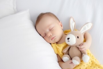 sweet newborn baby sleeps with a toy hare on a white