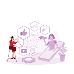 Woman wearing a megaphone and different icons for the Digital Marketing concept. Trend Modern vector flat illustration