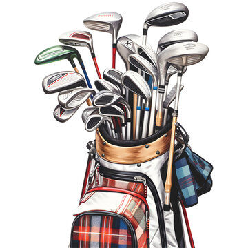 Golf clubs in a plaid bag on a transparent background