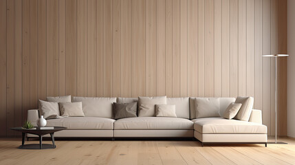 Beige corner sofa against of wooden paneling wall. Minimalist interior design of modern living room. Created with, Generative Ai