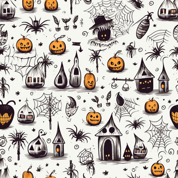 Seamless pattern with Halloween story, hand drawng styles witch broom pumpkin spider cross, grave, cobweb.