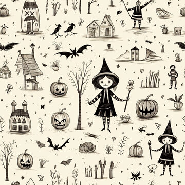 Seamless pattern with Halloween story, hand drawng styles with witch broom pumpkin spider cross and grave.
