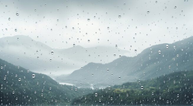 misty white glass window raindrops condensation overlooking mountains, rainy glass effect, rain droplets rain water drops