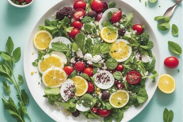 Fresh Salad foods like crisp vegetables, fresh fruits, and healthy ingredients