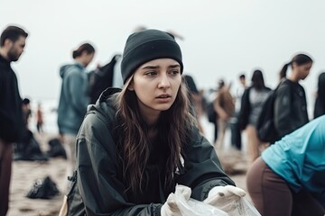 Young people cleaning a beach from waste. AI generative