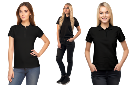 cauasian Woman wearing black polo shirt. blank polo shirt for design mock up isolated on transparent background.