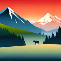 landscape with animal and mountains illustration
