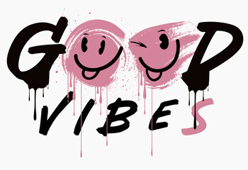 Happy Doodle Simple Faces, Urban graffiti smiley face illustration print with good vibes slogan for graphic tee t shirt or poster, Vector