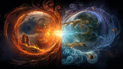 Elemental Fusion: Elements of fire, water, air, and earth converging to create a balanced universe | generative AI
