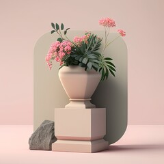 3D stone podium with flowers pastel colors minimalistic style