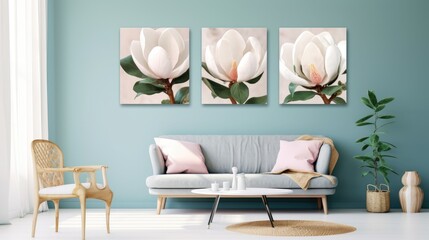 Modern green living room design with sofa and furniture with flowers.