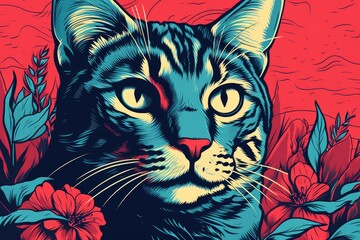 Risograph print style with cat, pop art style illustration