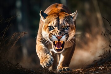 Fototapeta na wymiar Angry cougar or mountain lion hunts its prey