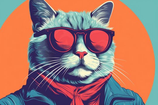 Risograph print style with cat, pop art style illustration