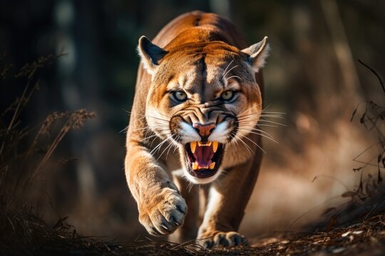 Angry cougar or mountain lion hunts its prey - Powered by Adobe
