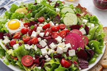 A delicious, green salad platter served with bread and dressing on the side, consisting of lettuce, beetroot, cucumber, scallions, cherry tomatoes, olives, sun-dried tomatoes, and feta