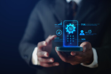 Businessmen using smartphones show work commands, unlock chat security using chatbot programs for artificial intelligence ideas or AI technology.
