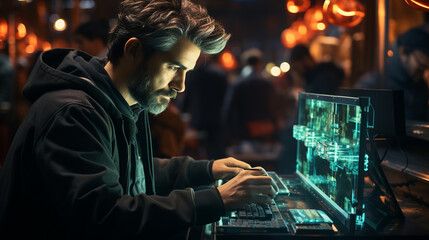 Professional it specialist using device writing code. Generative Ai