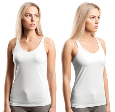 Woman wearing white tank top shirt. blank tank top shirt for design mock up isolated on transparent background.