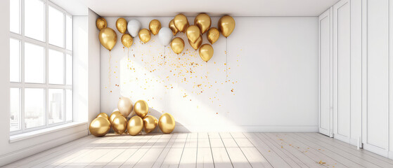 White empty luxury apartment, room with golden air balloons. Celebration minimal template. Anniversary, birthday event. Interior mockup. Generative Ai.