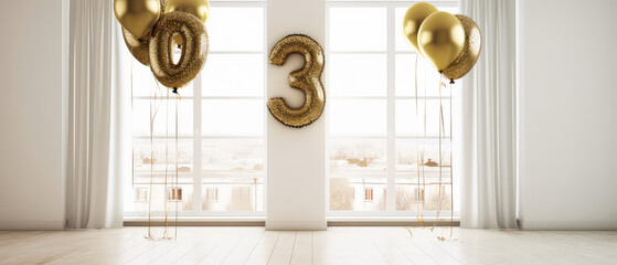 Number 3, three, third with golden balloons in empty luxury white apartment. Balloons style font. Anniversary. Birthday surprise celebration concept with copy space. Photo zone. Generative ai