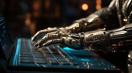 Fototapeta premium Robotic arm typing in computer keyboard. Generative Ai