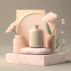 pring and Summer 3D Render Podium in Pastel pink colors for beauty products