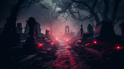 Fototapeta na wymiar Glowing pathway through a foggy graveyard adorned with spooky tombstones. Halloween flyers and posters backdrop.