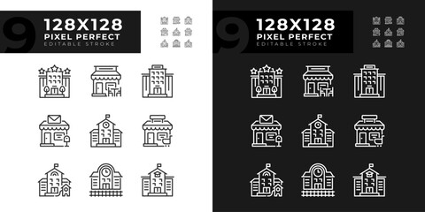 Set of pixel perfect dark and light mode icons set representing various buildings, editable thin line illustration.