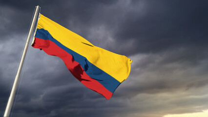 pretty Colombia flag on massive dark clouds backdrop - abstract 3D rendering
