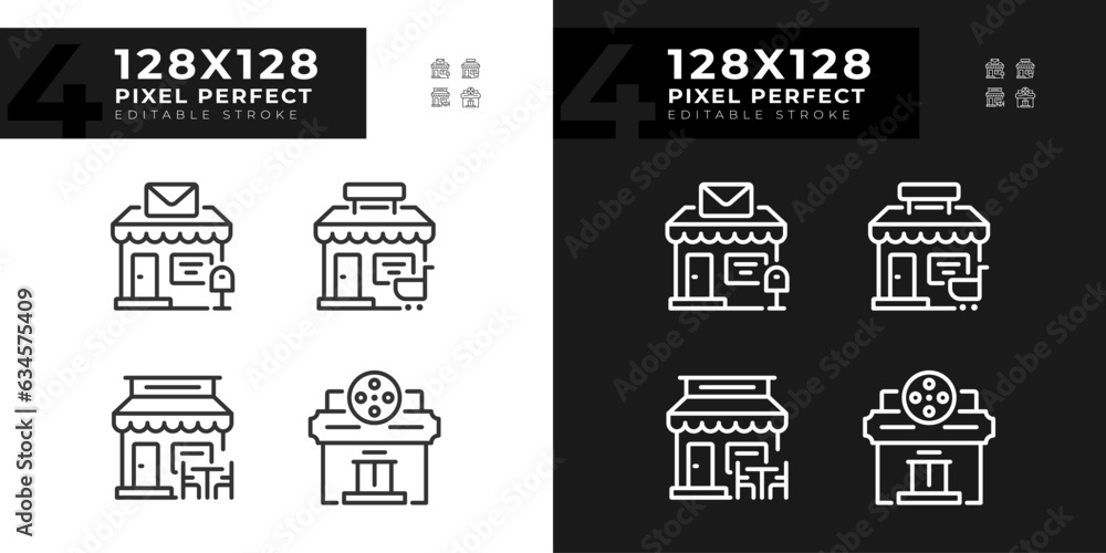 Poster 2d pixel perfect dark and light mode icons set representing various architecture, editable thin line