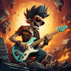 Cartoon abstract rock guitarist in action illustration