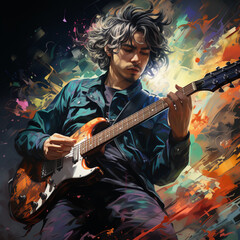 Obraz premium Cartoon abstract rock guitarist in action illustration