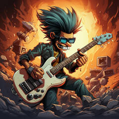 Cartoon abstract rock guitarist in action illustration