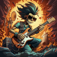 Cartoon abstract rock guitarist in action illustration