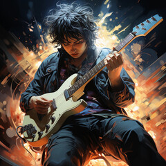 Obraz premium Cartoon abstract rock guitarist in action illustration